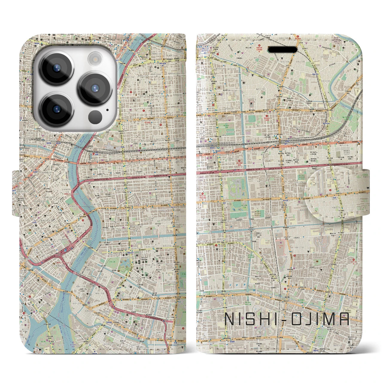 【西大島(東京都)】地図柄iPhoneケース(手帳タイプ)ナチュラル・iPhone 14 Pro 用