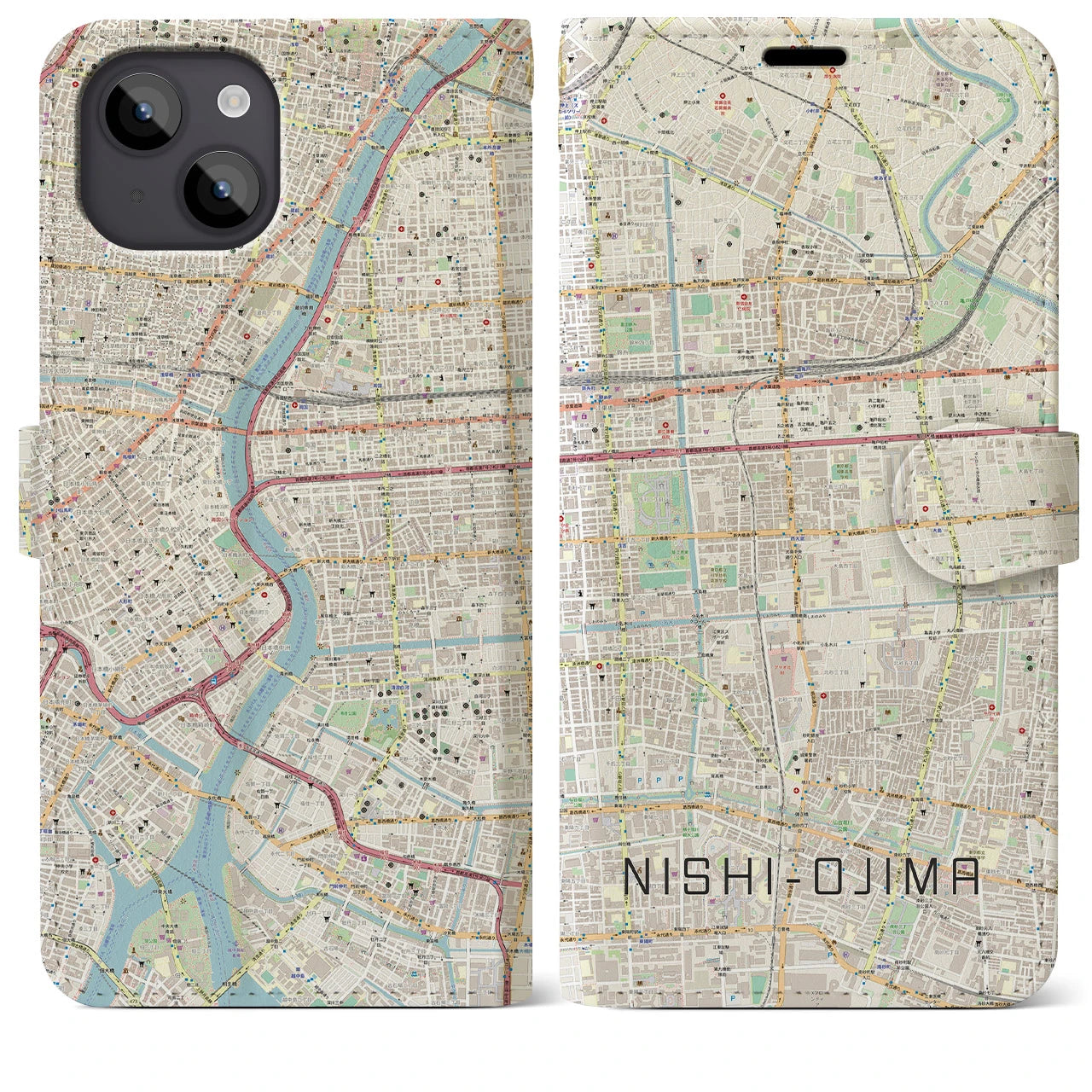 【西大島(東京都)】地図柄iPhoneケース(手帳タイプ)ナチュラル・iPhone 14 Plus 用
