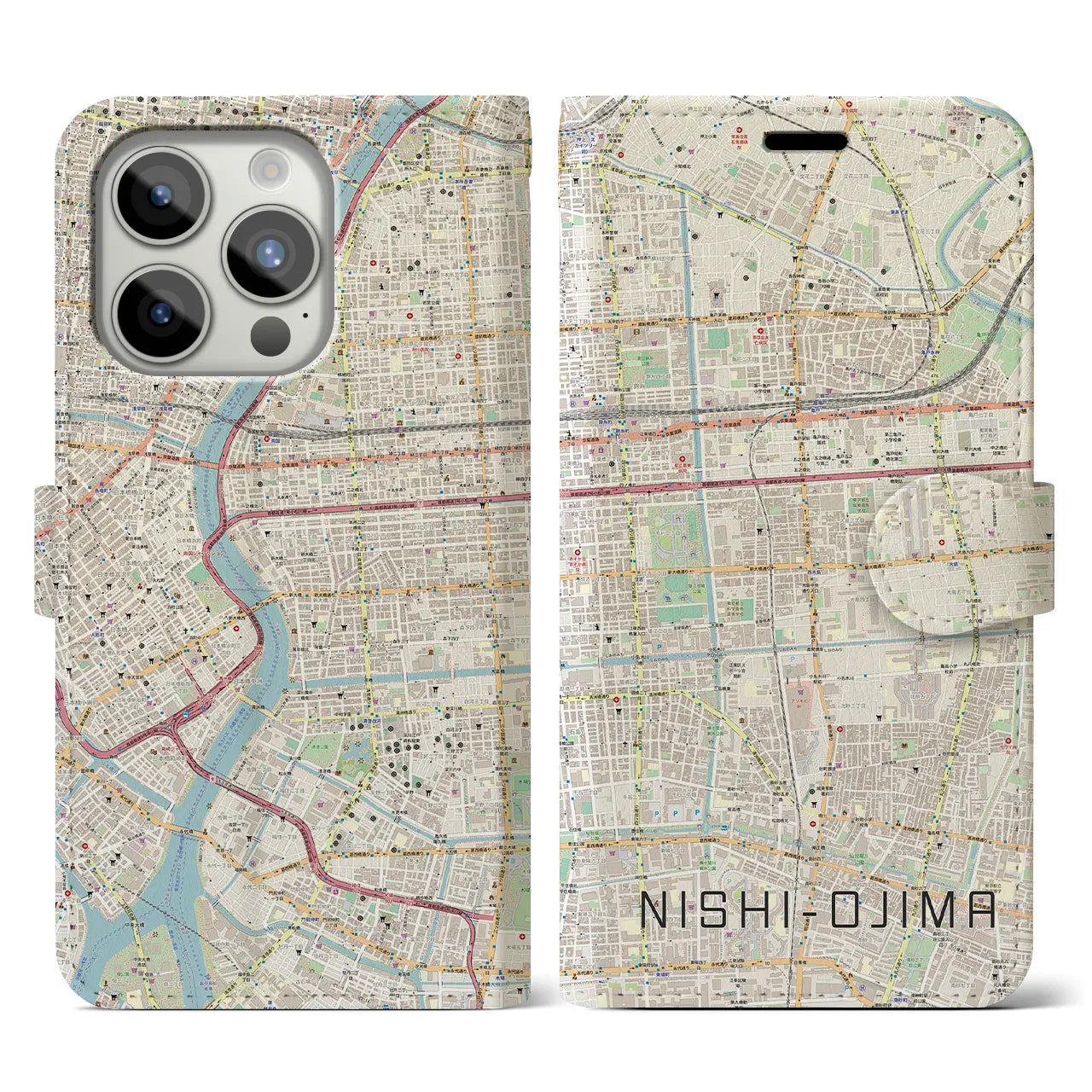 【西大島(東京都)】地図柄iPhoneケース(手帳タイプ)ナチュラル・iPhone 15 Pro 用