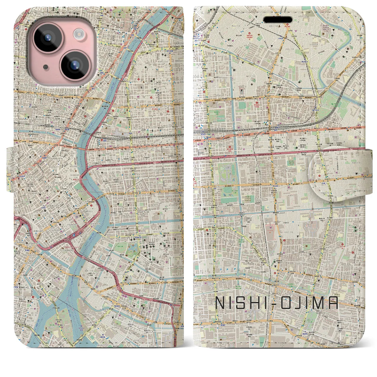 【西大島(東京都)】地図柄iPhoneケース(手帳タイプ)ナチュラル・iPhone 15 Plus 用