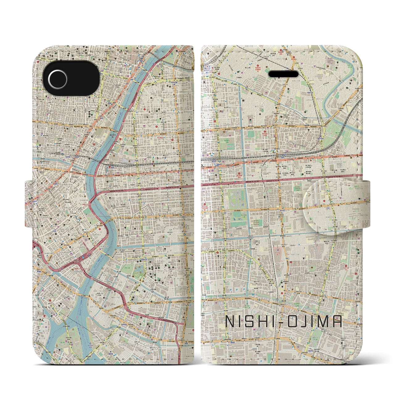 【西大島(東京都)】地図柄iPhoneケース(手帳タイプ)ナチュラル・iPhone SE(第3 / 第2世代) / 8 / 7 / 6s / 6 用