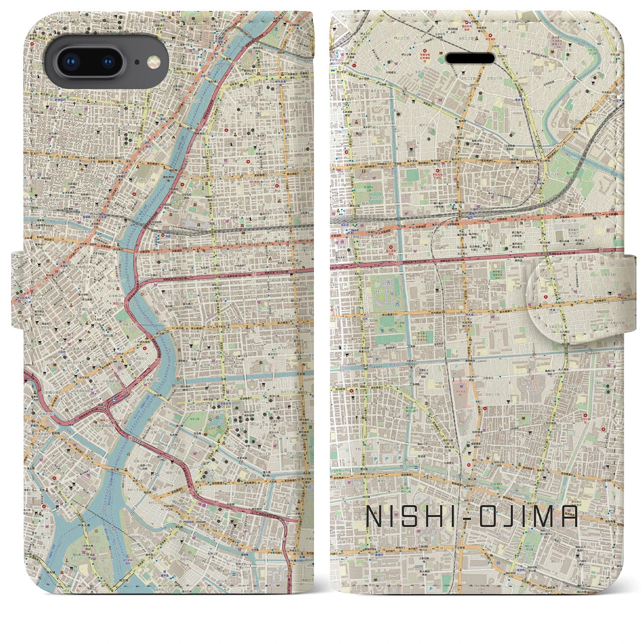 【西大島(東京都)】地図柄iPhoneケース(手帳タイプ)ナチュラル・iPhone 8Plus /7Plus / 6sPlus / 6Plus 用