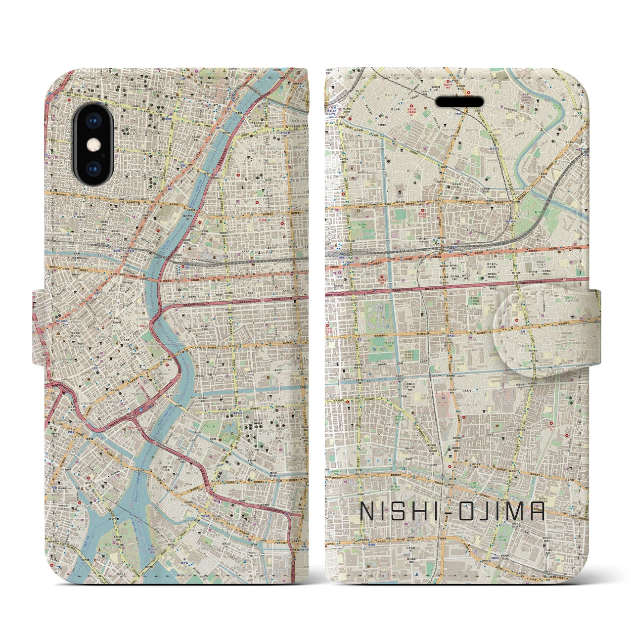 【西大島(東京都)】地図柄iPhoneケース(手帳タイプ)ナチュラル・iPhone XS / X 用