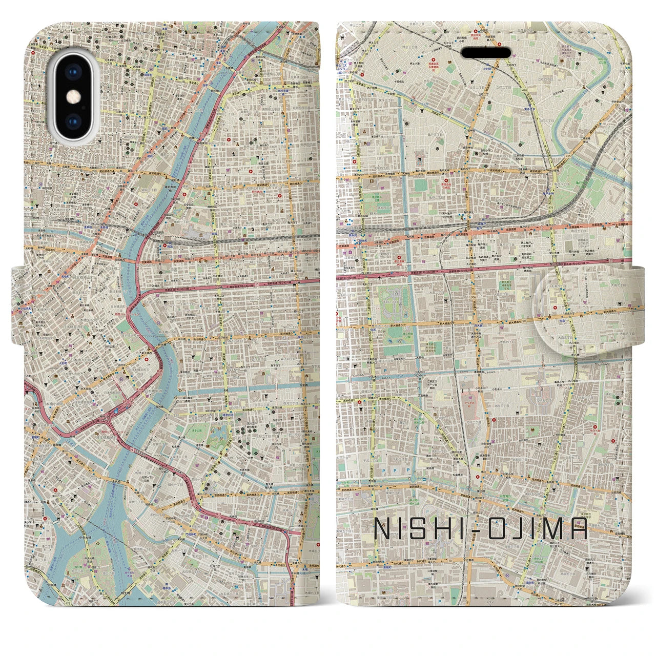 【西大島(東京都)】地図柄iPhoneケース(手帳タイプ)ナチュラル・iPhone XS Max 用