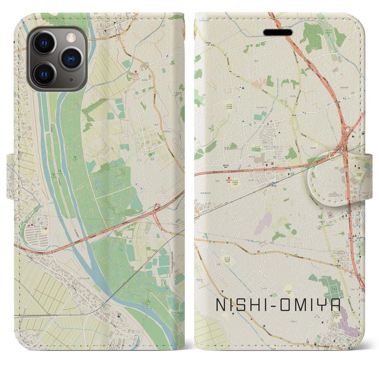 【西大宮(埼玉県)】地図柄iPhoneケース(手帳タイプ)ナチュラル・iPhone 11 Pro Max 用