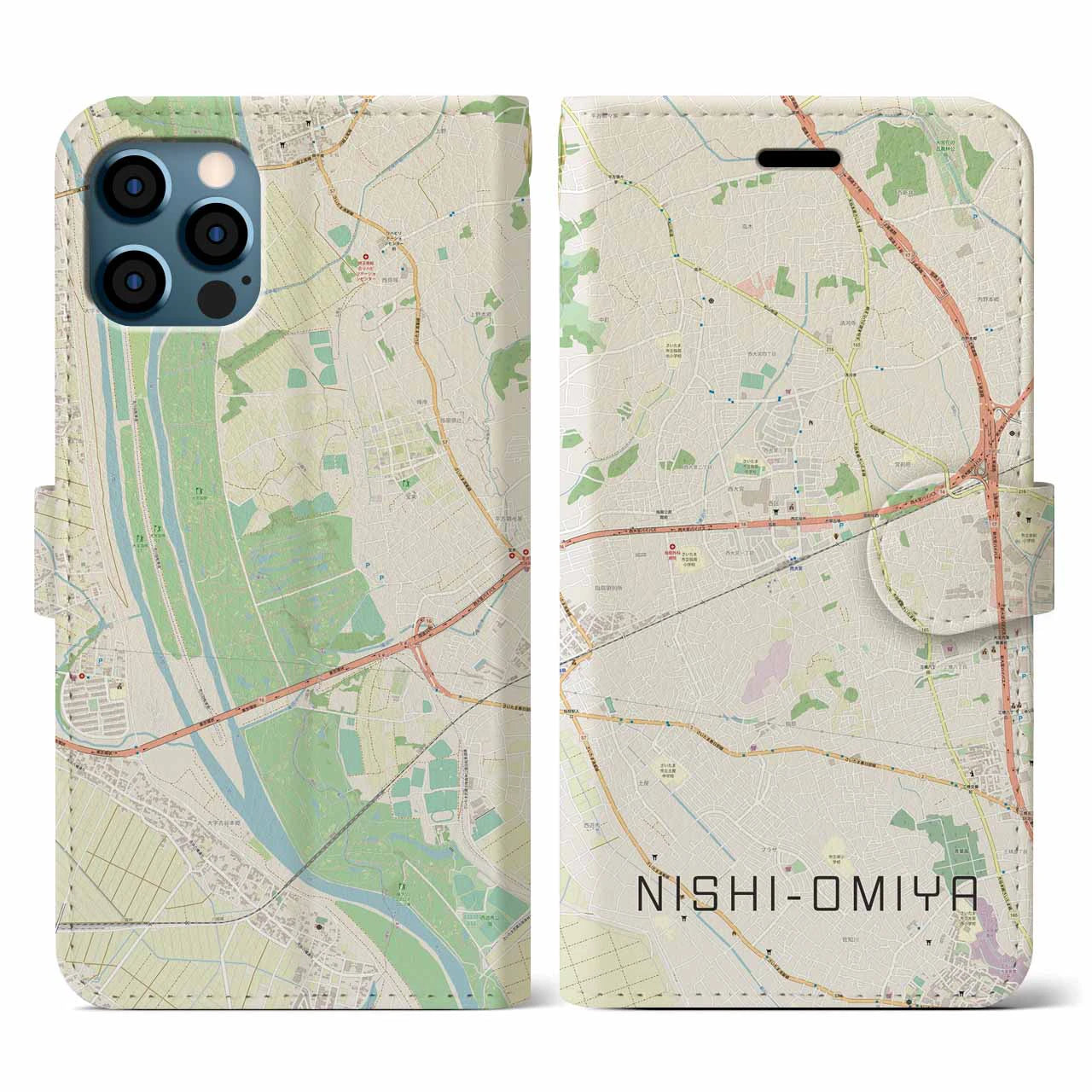 【西大宮(埼玉県)】地図柄iPhoneケース(手帳タイプ)ナチュラル・iPhone 12 / 12 Pro 用