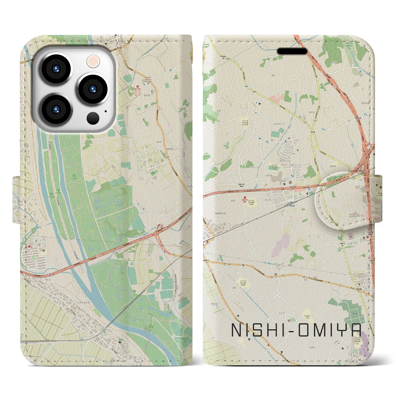 【西大宮(埼玉県)】地図柄iPhoneケース(手帳タイプ)ナチュラル・iPhone 13 Pro 用