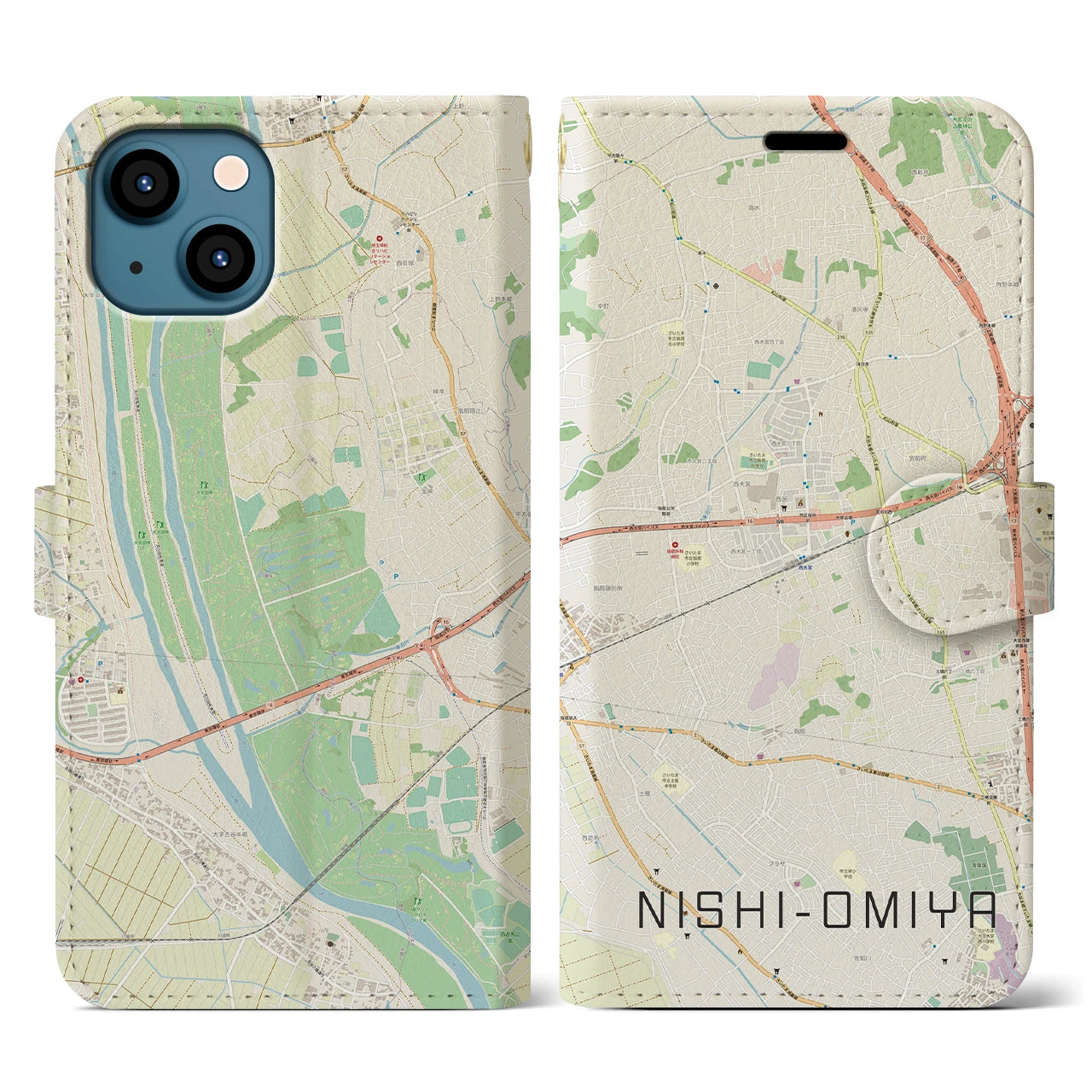 【西大宮(埼玉県)】地図柄iPhoneケース(手帳タイプ)ナチュラル・iPhone 13 用