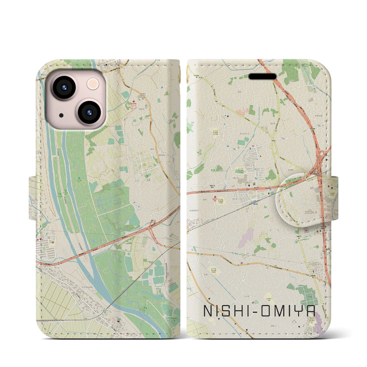 【西大宮(埼玉県)】地図柄iPhoneケース(手帳タイプ)ナチュラル・iPhone 13 mini 用
