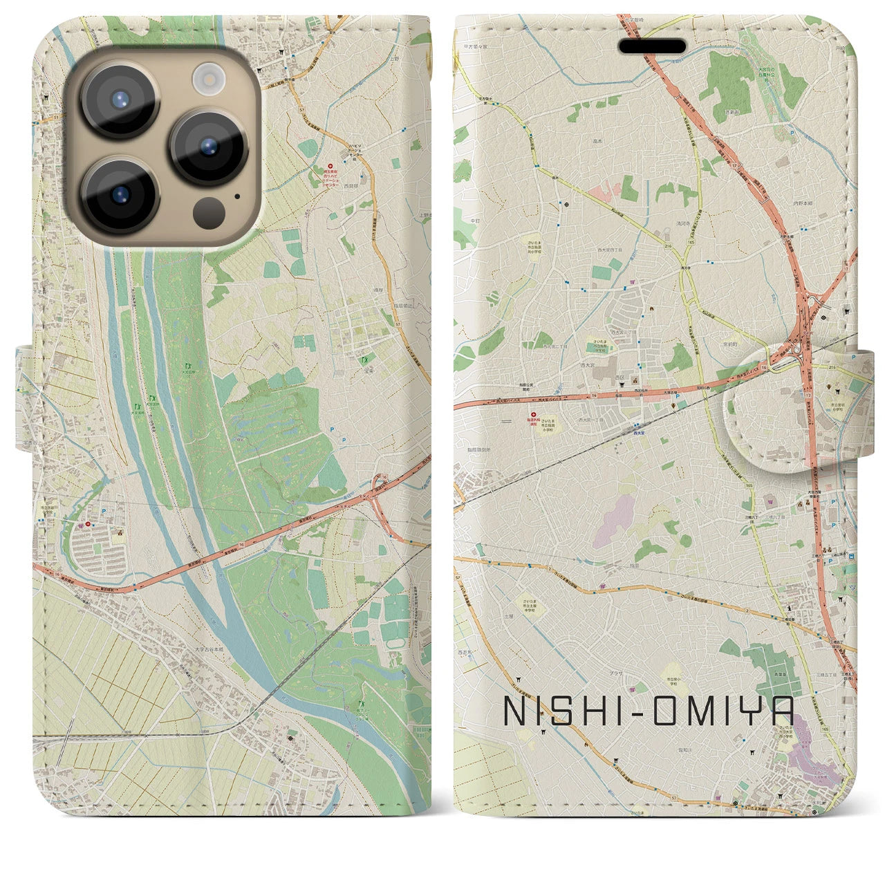【西大宮(埼玉県)】地図柄iPhoneケース(手帳タイプ)ナチュラル・iPhone 14 Pro Max 用