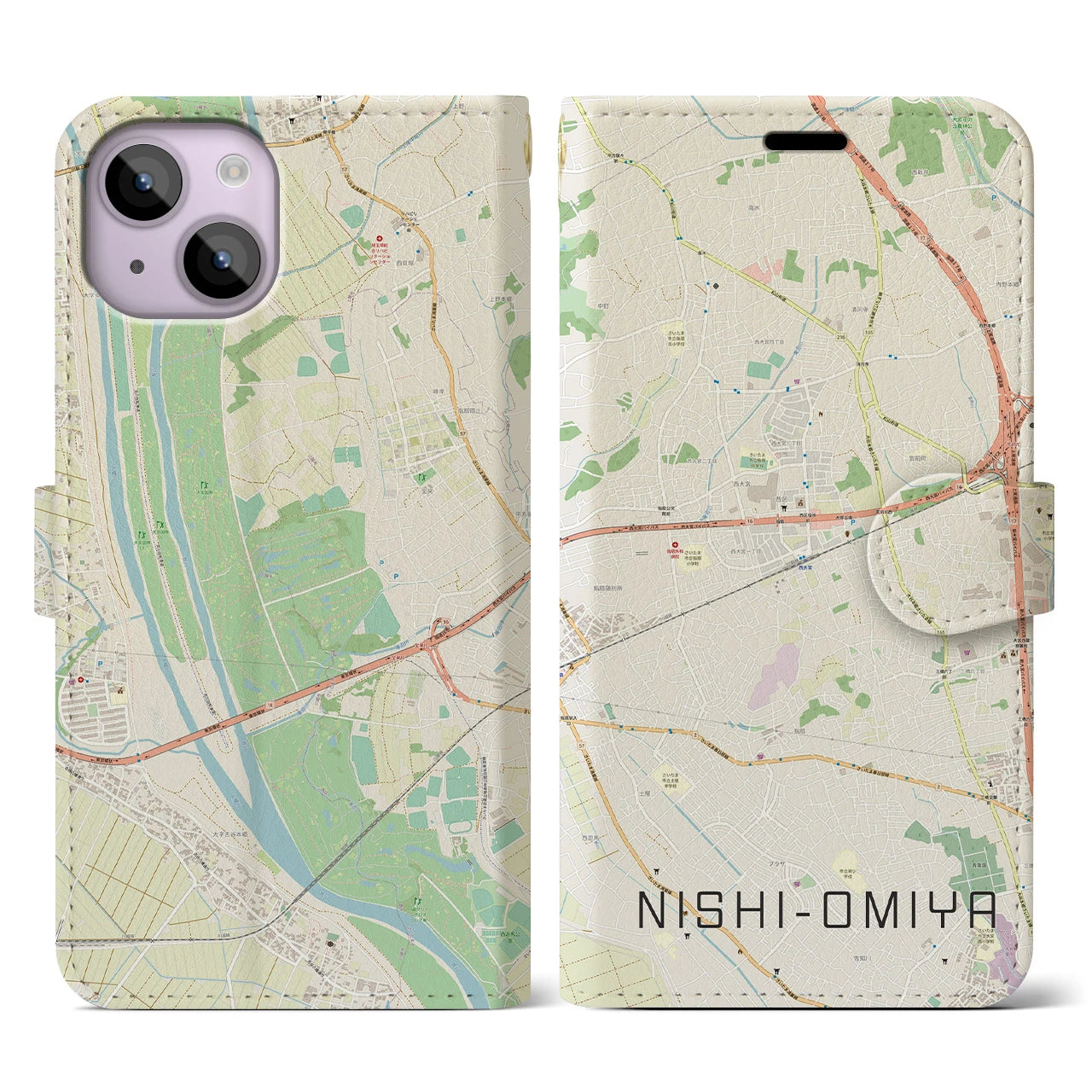 【西大宮(埼玉県)】地図柄iPhoneケース(手帳タイプ)ナチュラル・iPhone 14 用