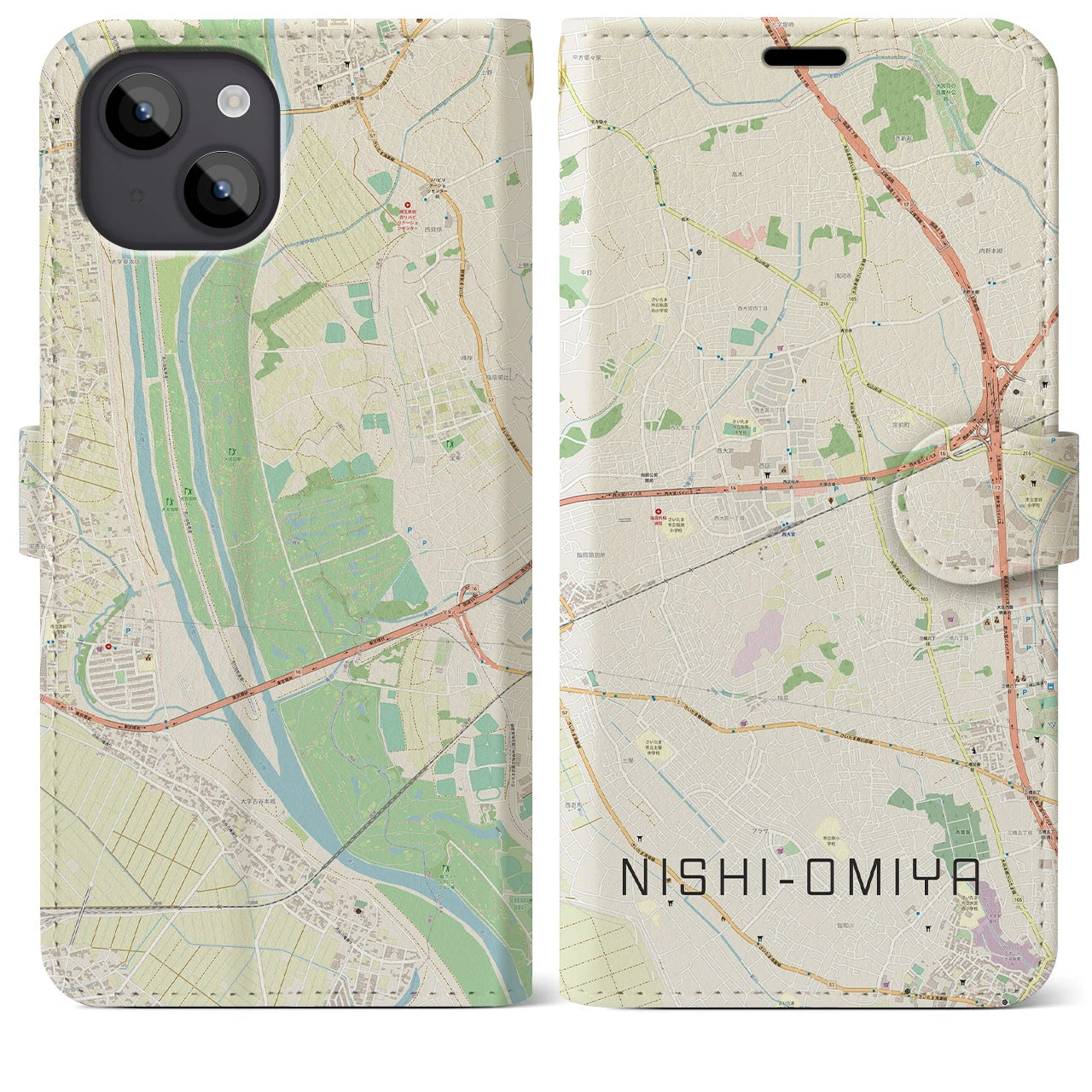 【西大宮(埼玉県)】地図柄iPhoneケース(手帳タイプ)ナチュラル・iPhone 14 Plus 用
