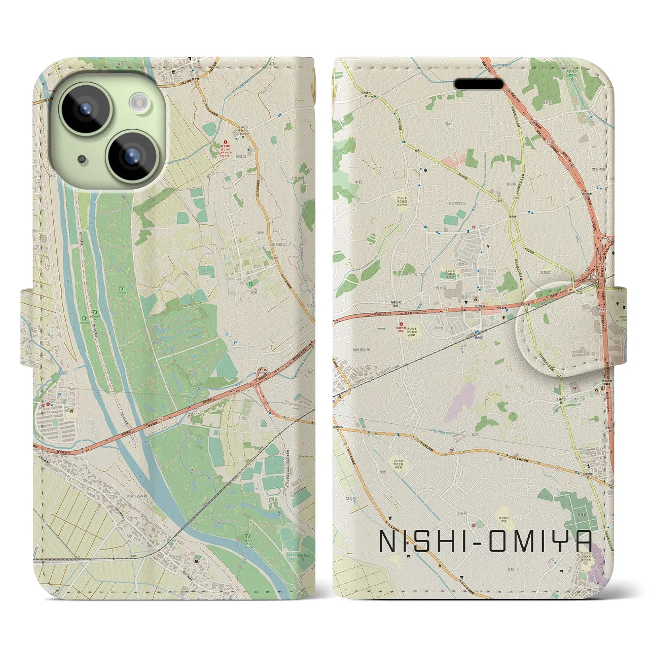 【西大宮(埼玉県)】地図柄iPhoneケース(手帳タイプ)ナチュラル・iPhone 15 用