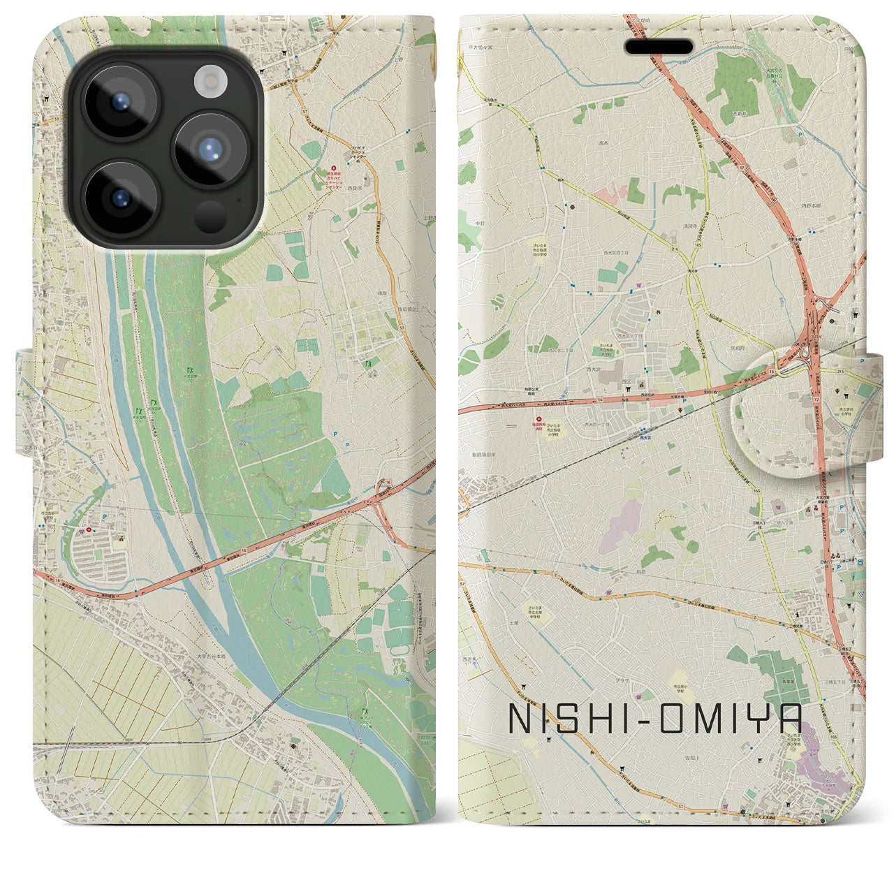 【西大宮(埼玉県)】地図柄iPhoneケース(手帳タイプ)ナチュラル・iPhone 15 Pro Max 用