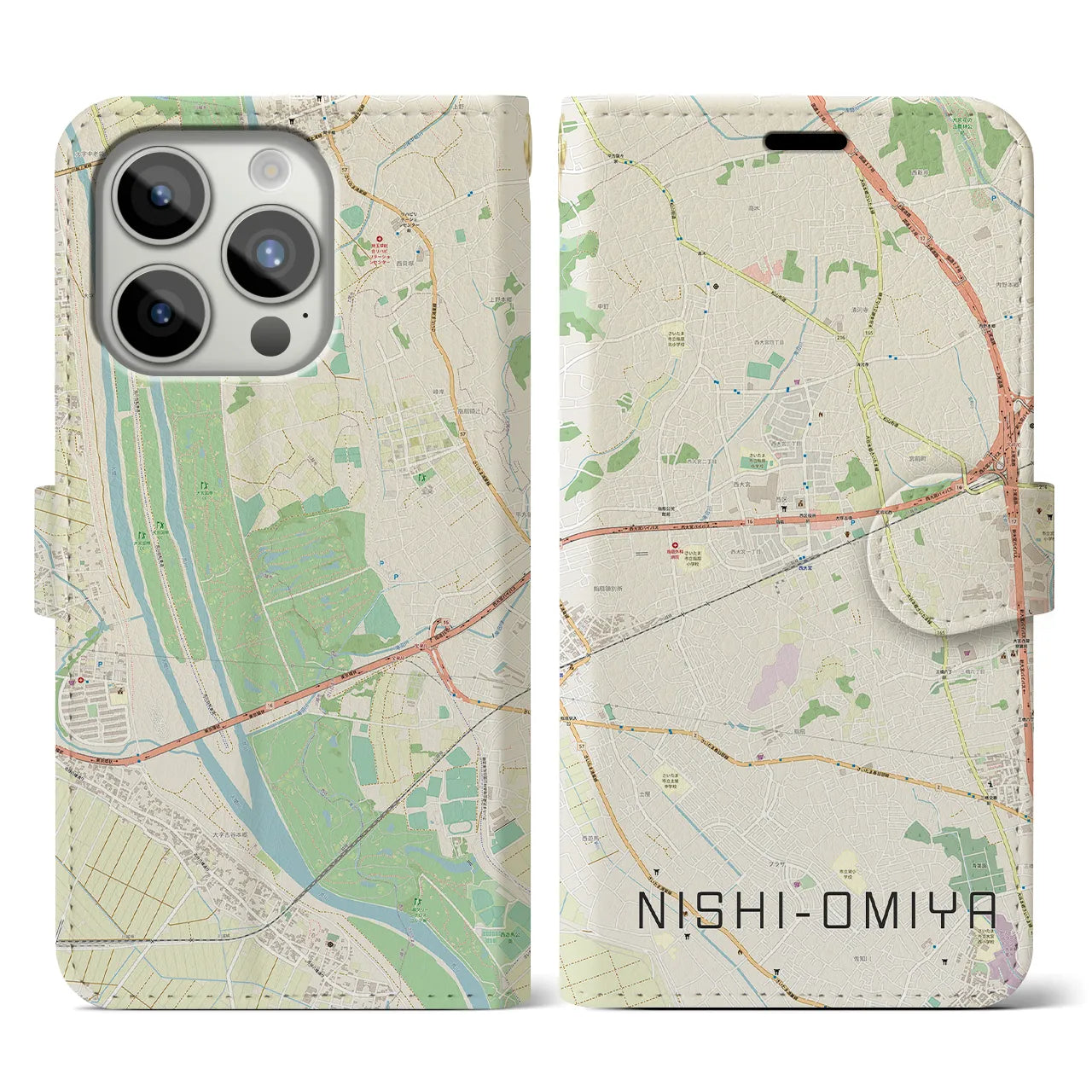 【西大宮(埼玉県)】地図柄iPhoneケース(手帳タイプ)ナチュラル・iPhone 15 Pro 用