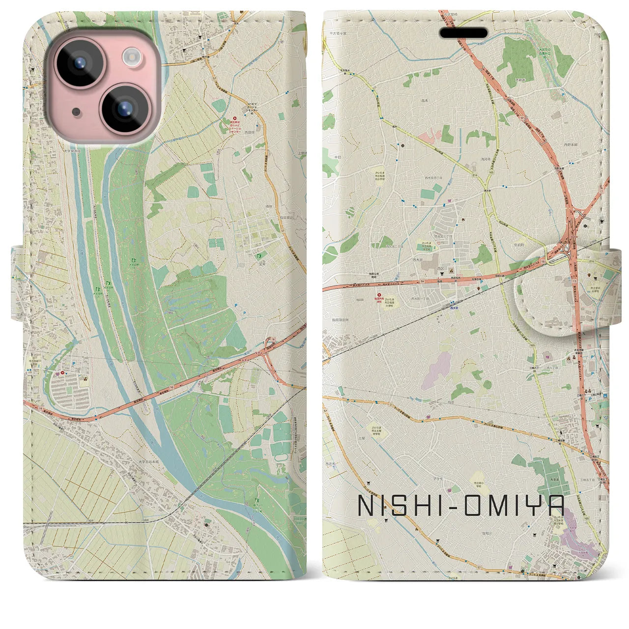 【西大宮(埼玉県)】地図柄iPhoneケース(手帳タイプ)ナチュラル・iPhone 15 Plus 用