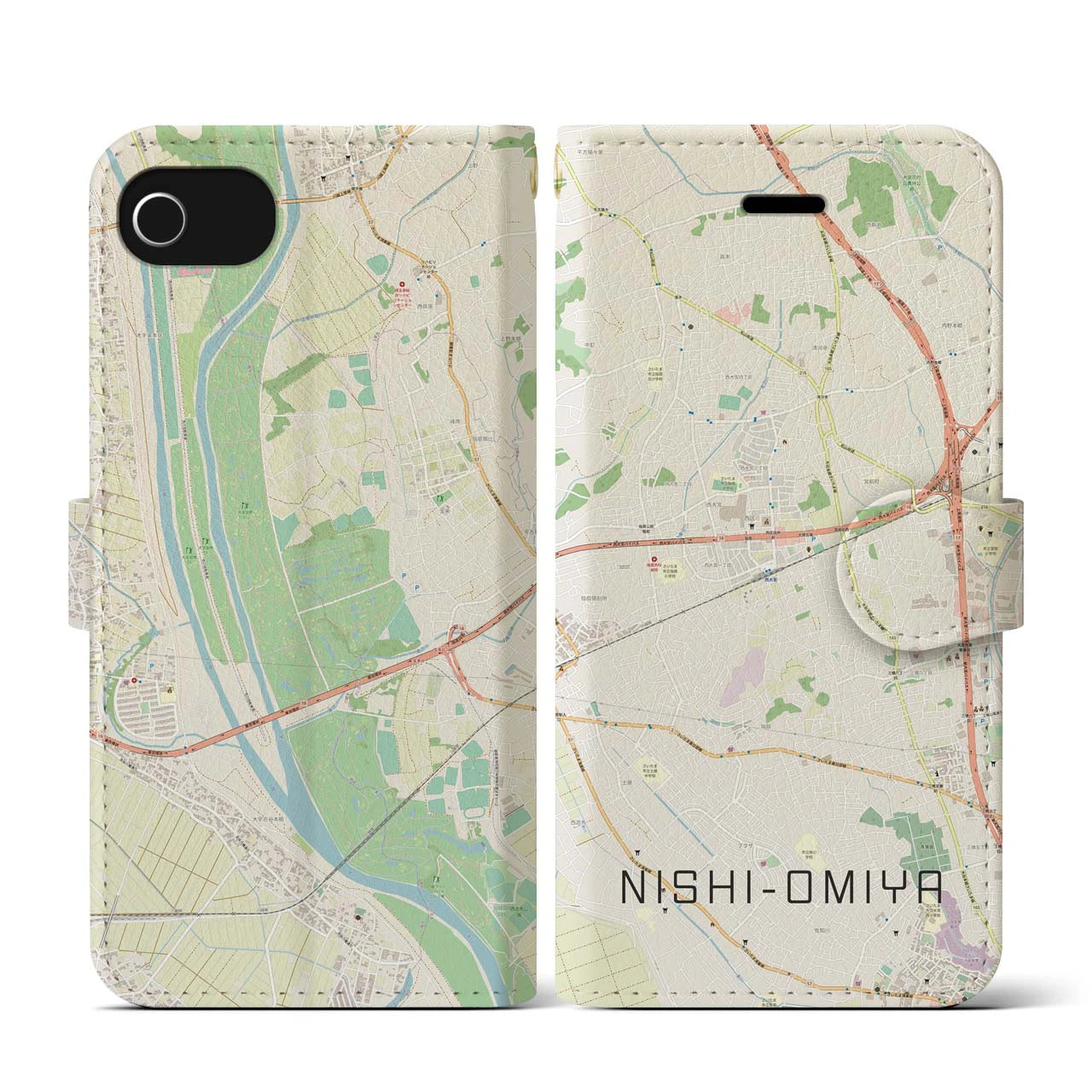 【西大宮(埼玉県)】地図柄iPhoneケース(手帳タイプ)ナチュラル・iPhone SE(第3 / 第2世代) / 8 / 7 / 6s / 6 用