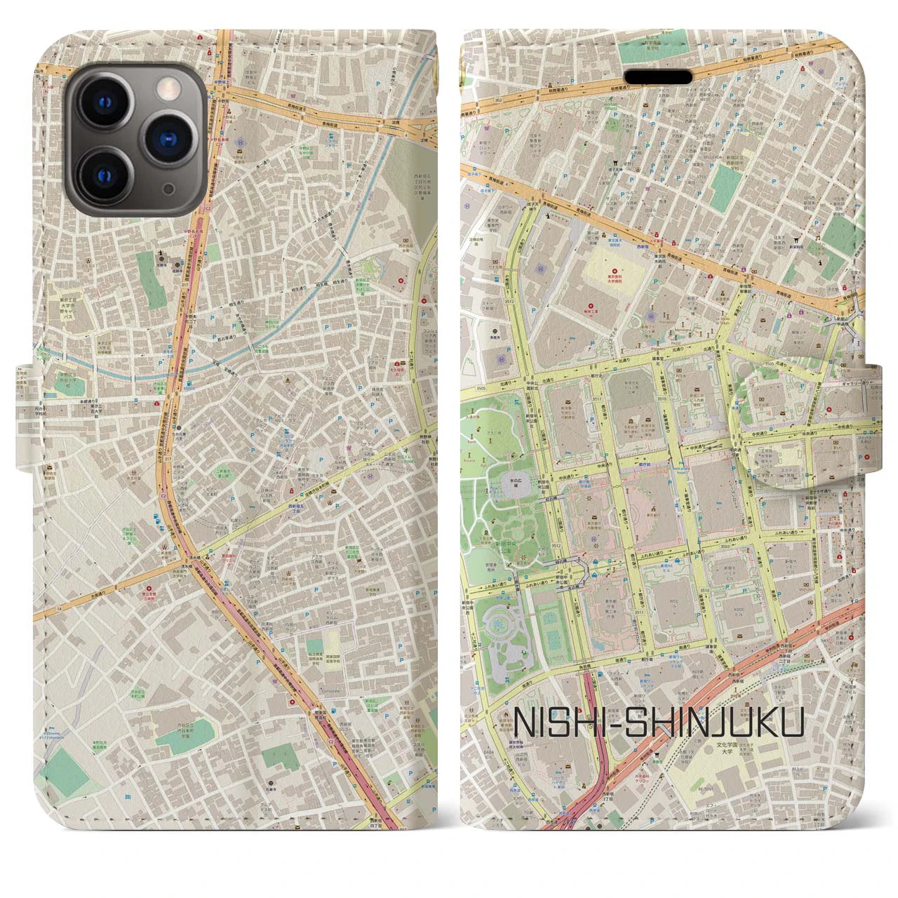【西新宿(東京都)】地図柄iPhoneケース(手帳タイプ)ナチュラル・iPhone 11 Pro Max 用