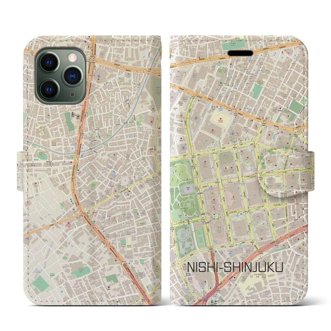 【西新宿(東京都)】地図柄iPhoneケース(手帳タイプ)ナチュラル・iPhone 11 Pro 用
