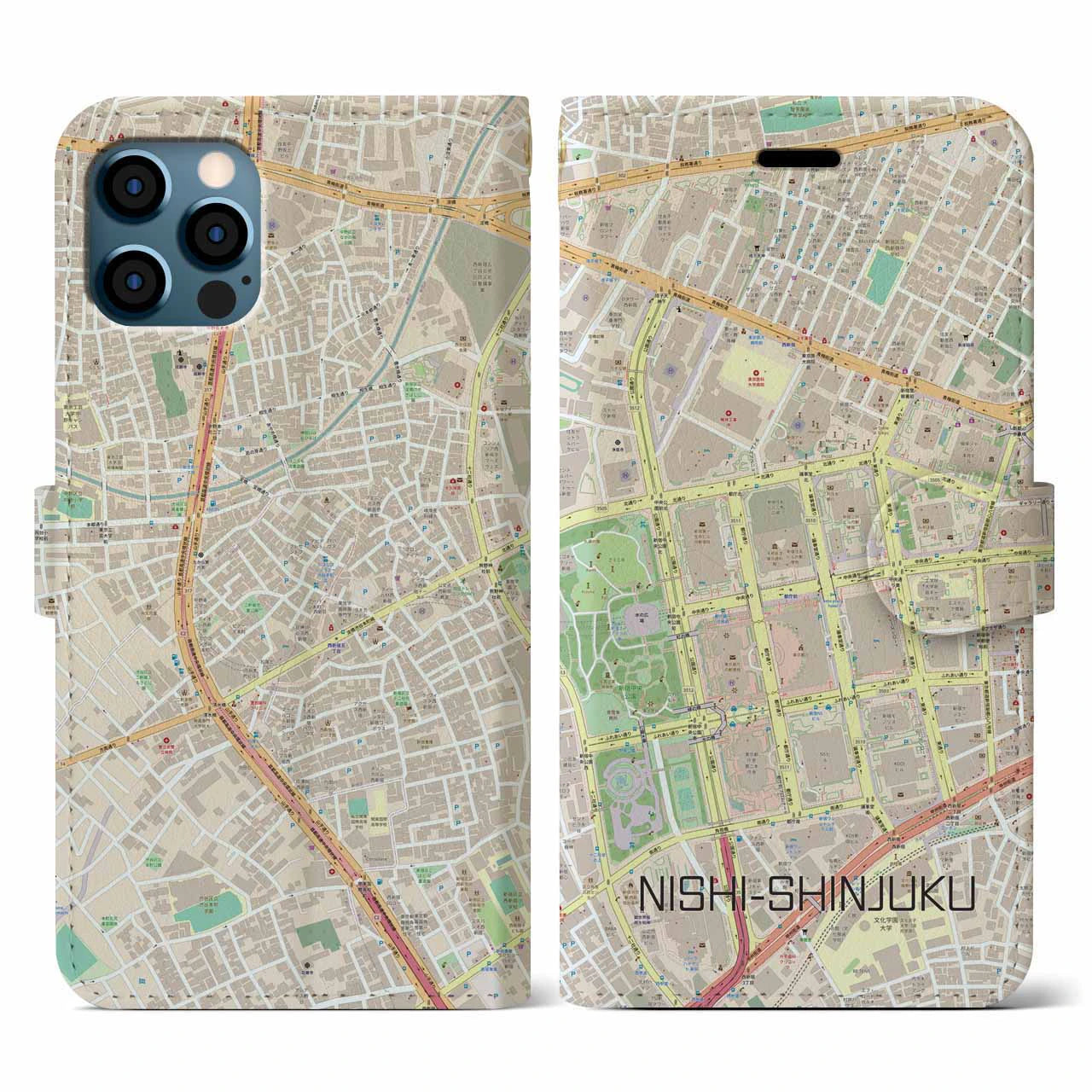 【西新宿(東京都)】地図柄iPhoneケース(手帳タイプ)ナチュラル・iPhone 12 / 12 Pro 用