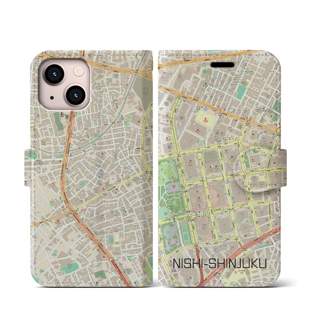 【西新宿(東京都)】地図柄iPhoneケース(手帳タイプ)ナチュラル・iPhone 13 mini 用