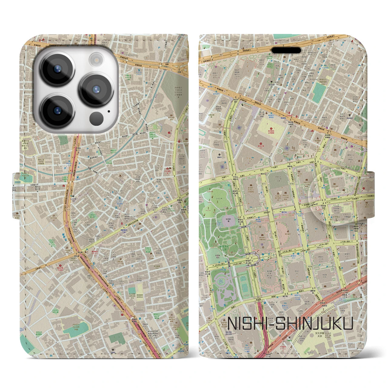 【西新宿(東京都)】地図柄iPhoneケース(手帳タイプ)ナチュラル・iPhone 14 Pro 用