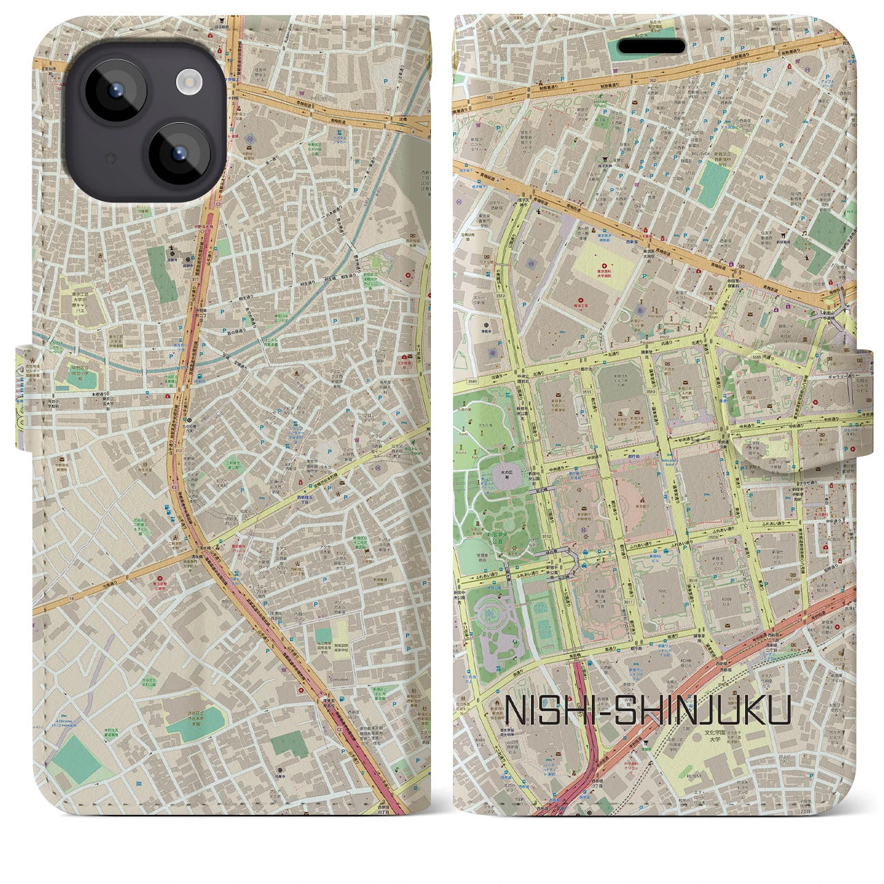【西新宿(東京都)】地図柄iPhoneケース(手帳タイプ)ナチュラル・iPhone 14 Plus 用