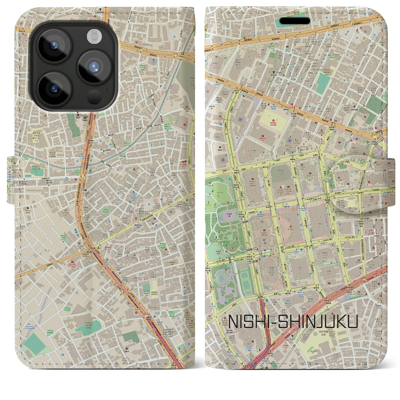 【西新宿(東京都)】地図柄iPhoneケース(手帳タイプ)ナチュラル・iPhone 15 Pro Max 用