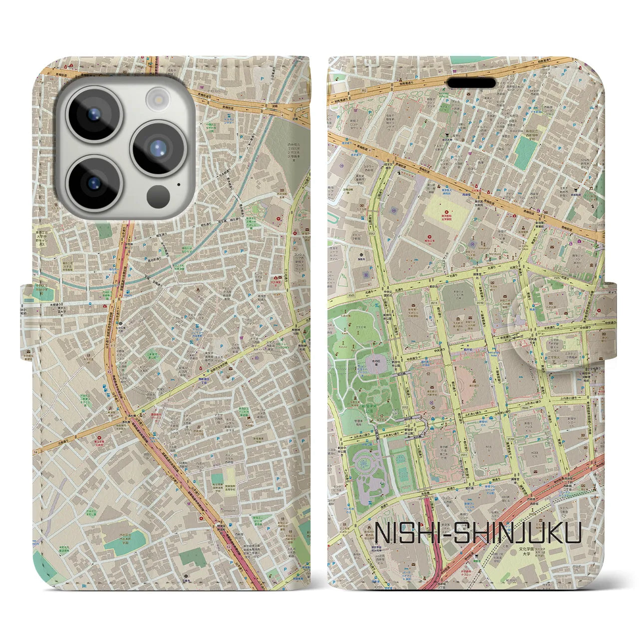 【西新宿(東京都)】地図柄iPhoneケース(手帳タイプ)ナチュラル・iPhone 15 Pro 用