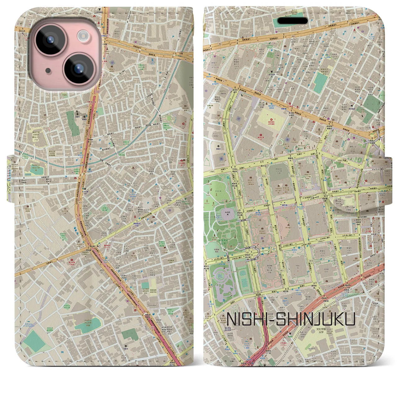 【西新宿(東京都)】地図柄iPhoneケース(手帳タイプ)ナチュラル・iPhone 15 Plus 用
