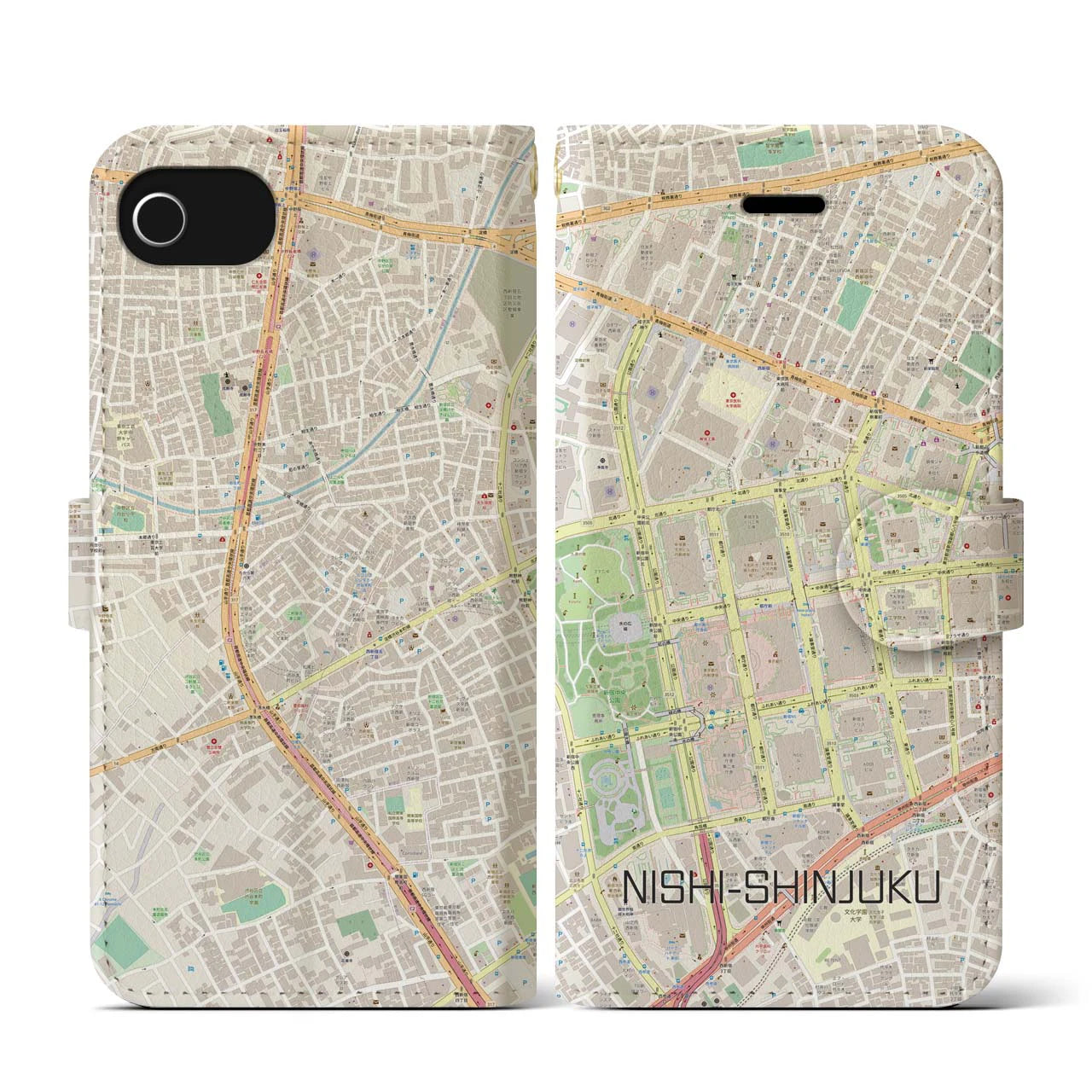 【西新宿(東京都)】地図柄iPhoneケース(手帳タイプ)ナチュラル・iPhone SE(第3 / 第2世代) / 8 / 7 / 6s / 6 用