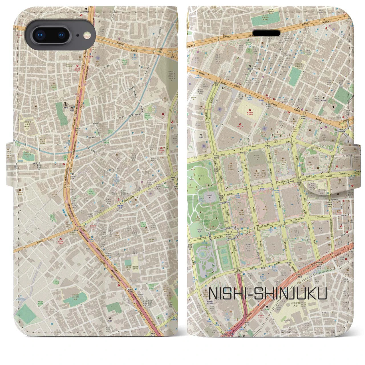 【西新宿(東京都)】地図柄iPhoneケース(手帳タイプ)ナチュラル・iPhone 8Plus /7Plus / 6sPlus / 6Plus 用