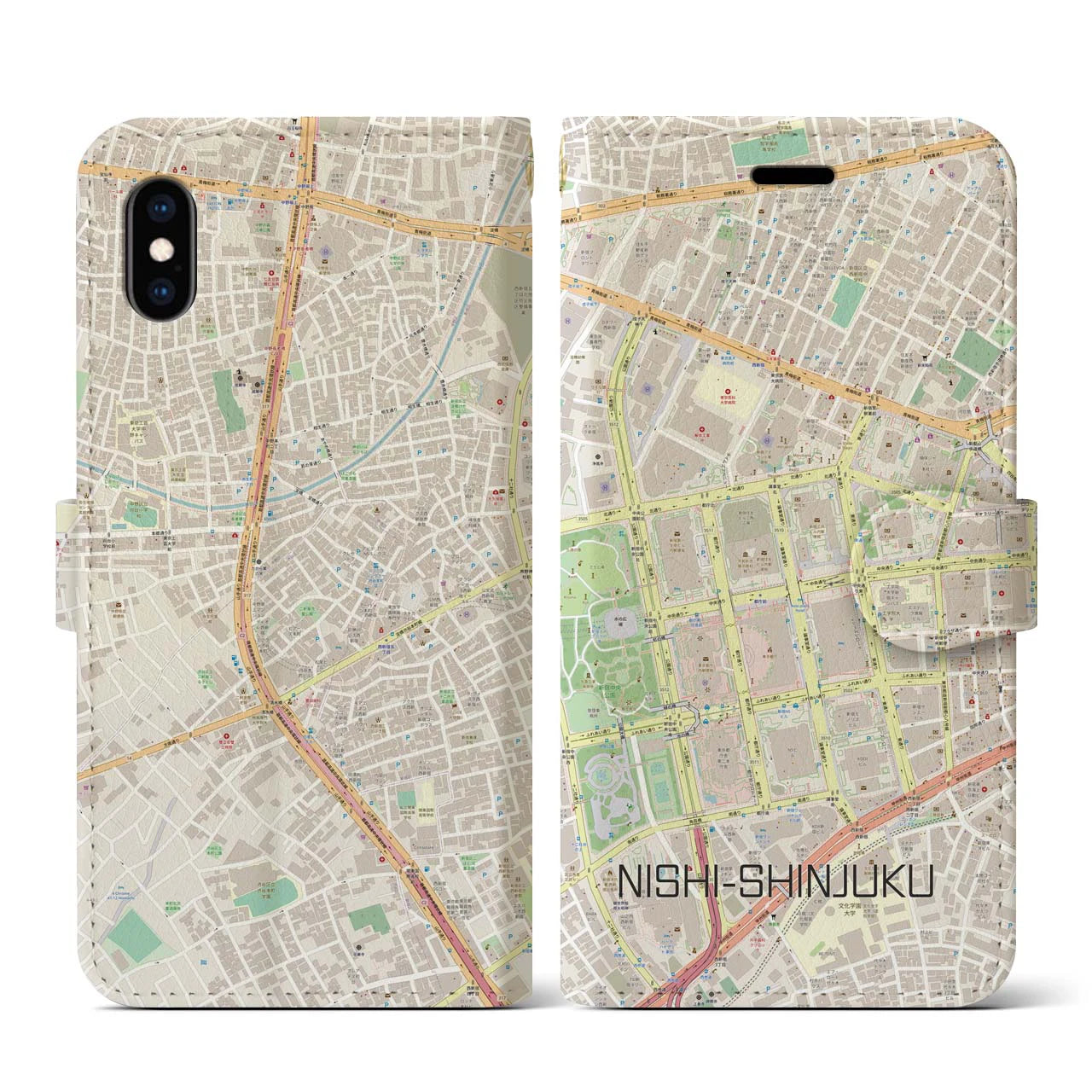 【西新宿(東京都)】地図柄iPhoneケース(手帳タイプ)ナチュラル・iPhone XS / X 用