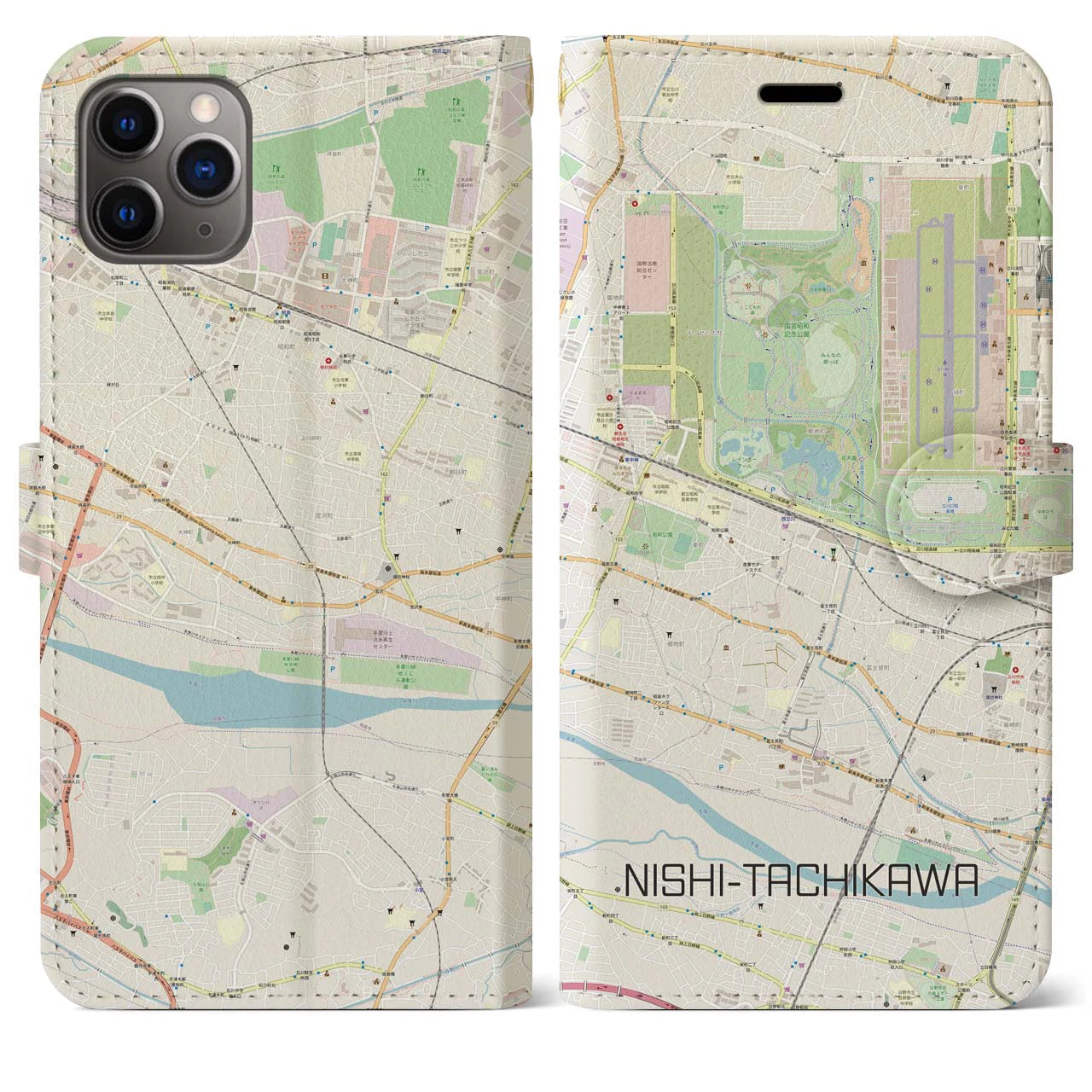 【西立川(東京都)】地図柄iPhoneケース(手帳タイプ)ナチュラル・iPhone 11 Pro Max 用