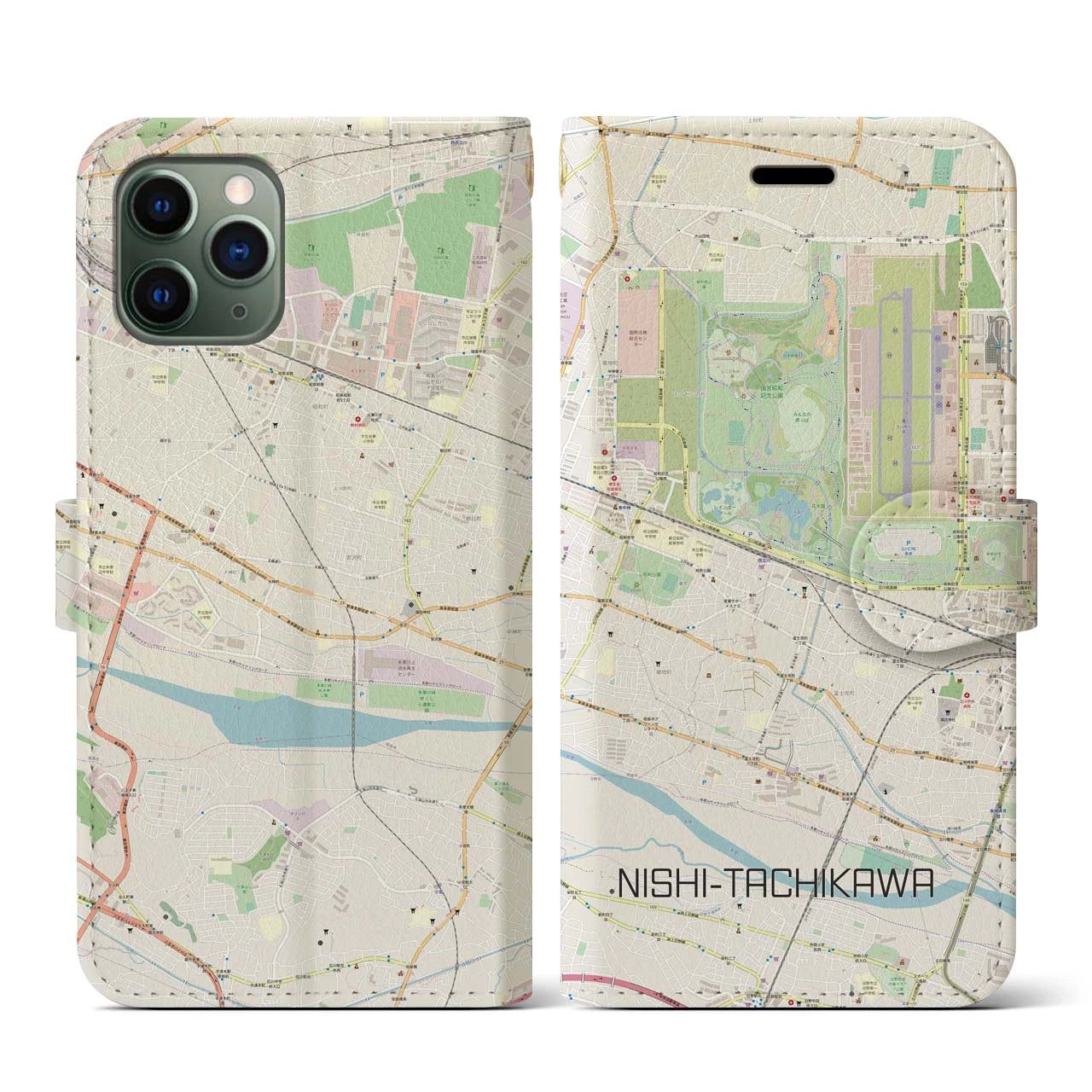 【西立川(東京都)】地図柄iPhoneケース(手帳タイプ)ナチュラル・iPhone 11 Pro 用