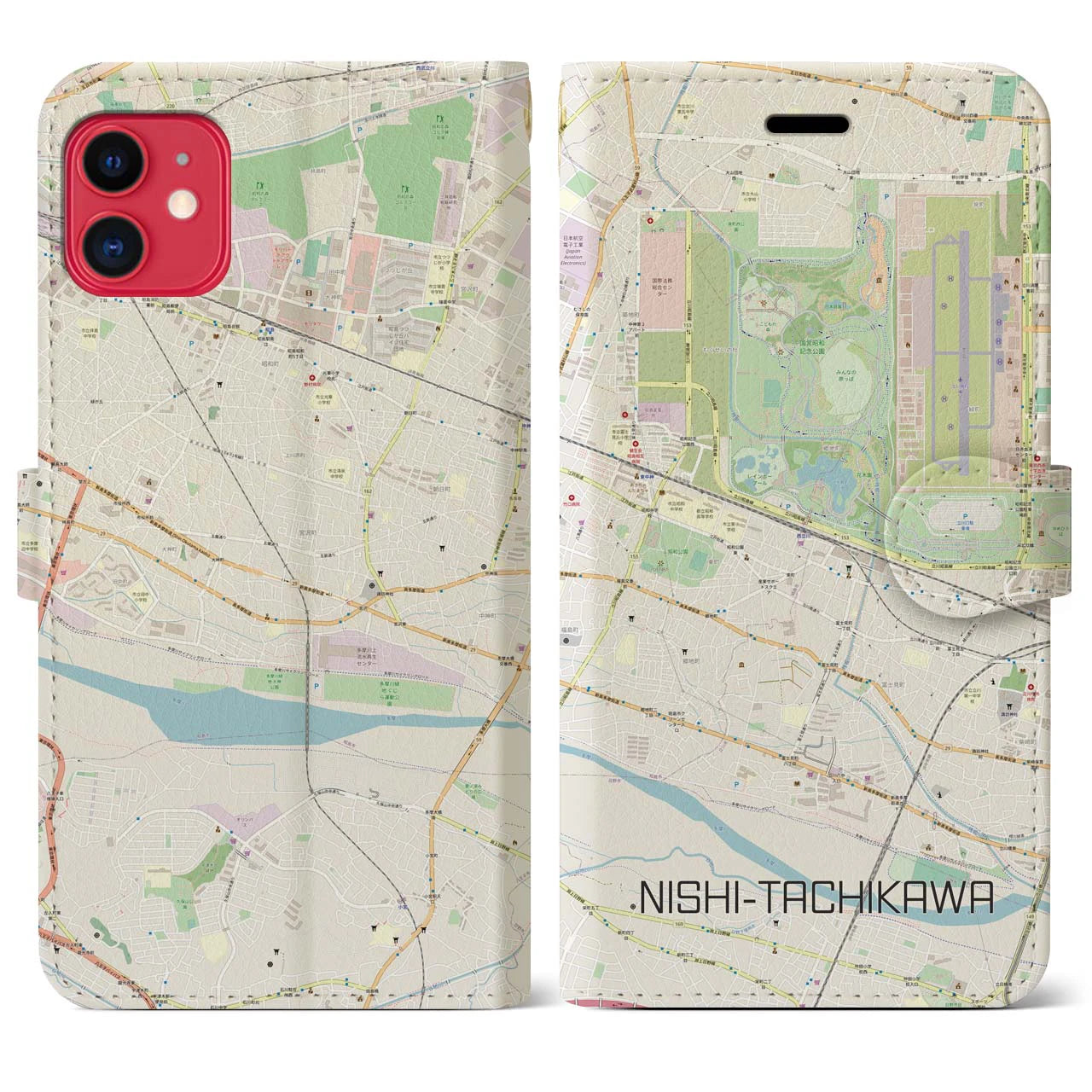 【西立川(東京都)】地図柄iPhoneケース(手帳タイプ)ナチュラル・iPhone 11 用