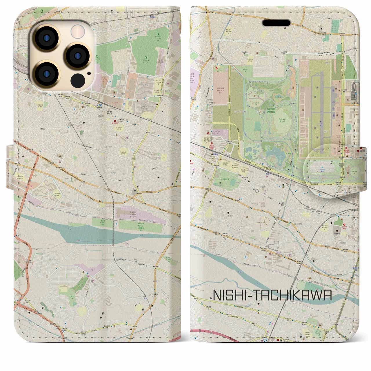 【西立川(東京都)】地図柄iPhoneケース(手帳タイプ)ナチュラル・iPhone 12 Pro Max 用