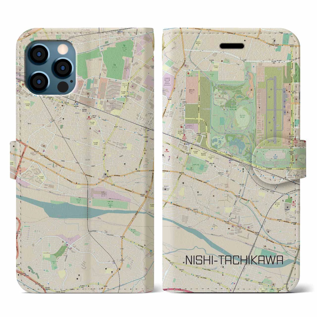 【西立川(東京都)】地図柄iPhoneケース(手帳タイプ)ナチュラル・iPhone 12 / 12 Pro 用