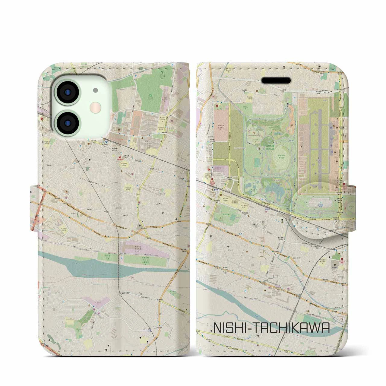 【西立川(東京都)】地図柄iPhoneケース(手帳タイプ)ナチュラル・iPhone 12 mini 用
