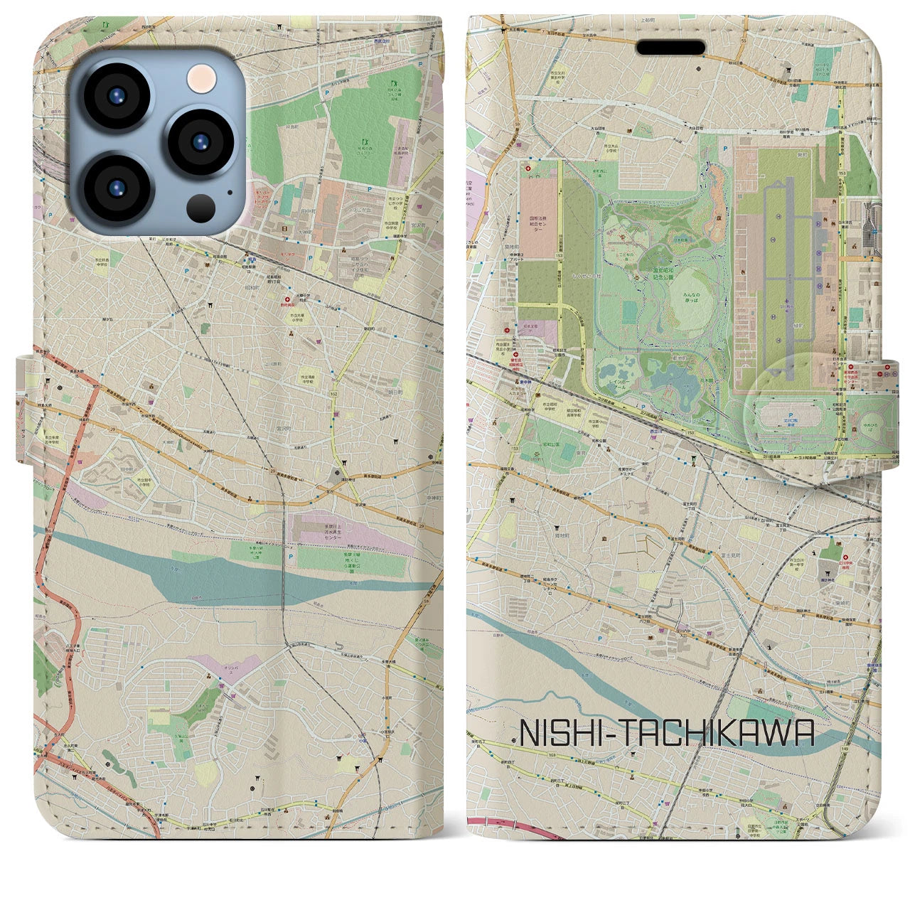 【西立川(東京都)】地図柄iPhoneケース(手帳タイプ)ナチュラル・iPhone 13 Pro Max 用