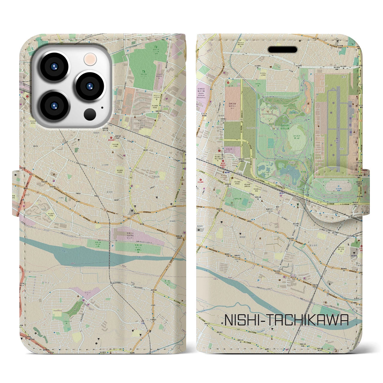 【西立川(東京都)】地図柄iPhoneケース(手帳タイプ)ナチュラル・iPhone 13 Pro 用