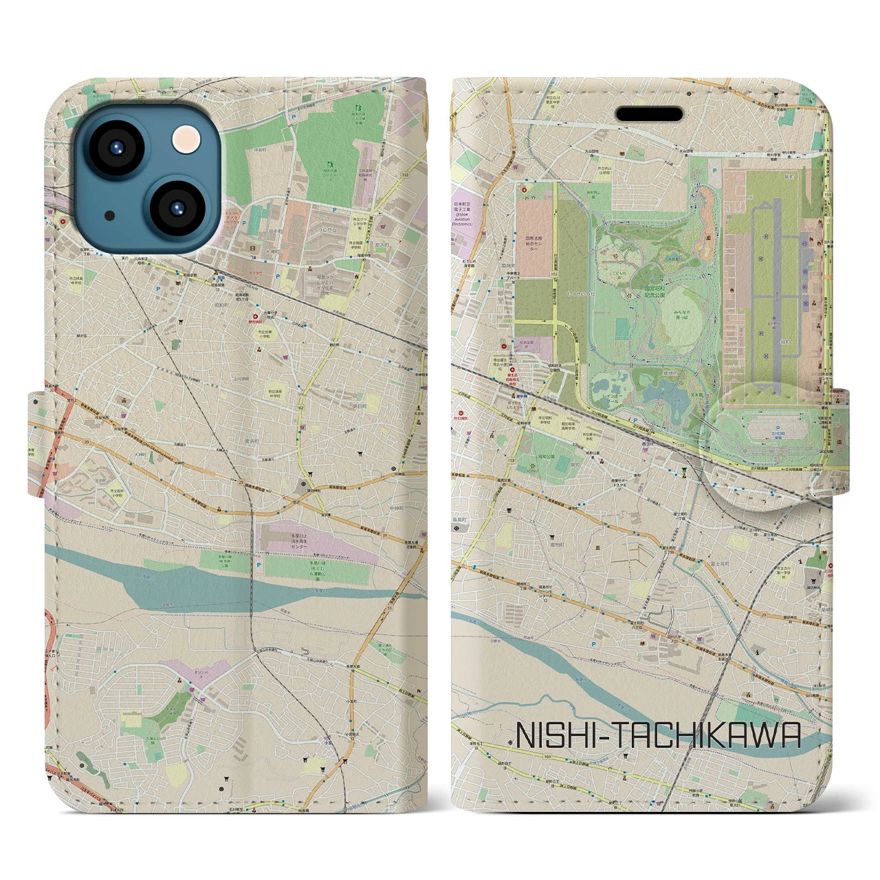 【西立川(東京都)】地図柄iPhoneケース(手帳タイプ)ナチュラル・iPhone 13 用