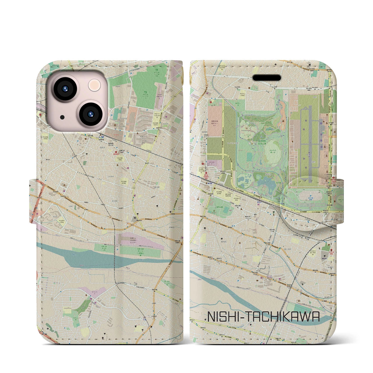 【西立川(東京都)】地図柄iPhoneケース(手帳タイプ)ナチュラル・iPhone 13 mini 用
