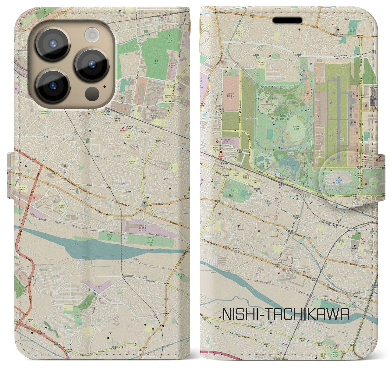 【西立川(東京都)】地図柄iPhoneケース(手帳タイプ)ナチュラル・iPhone 14 Pro Max 用