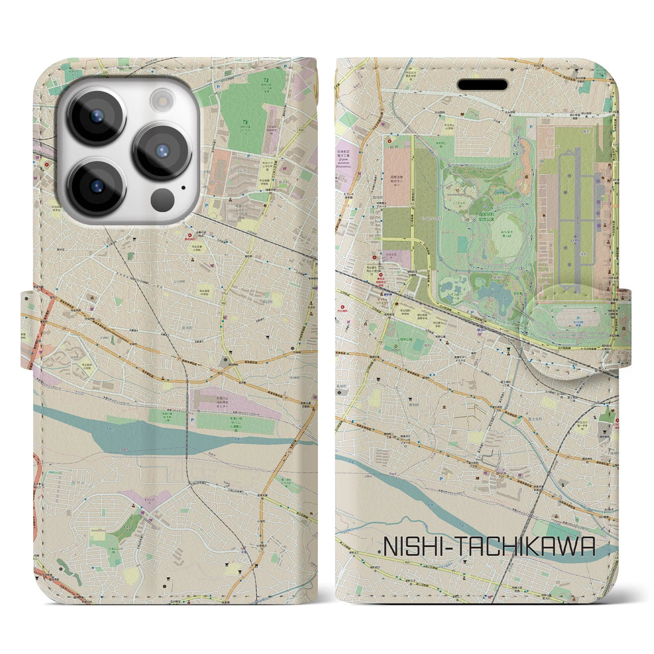【西立川(東京都)】地図柄iPhoneケース(手帳タイプ)ナチュラル・iPhone 14 Pro 用