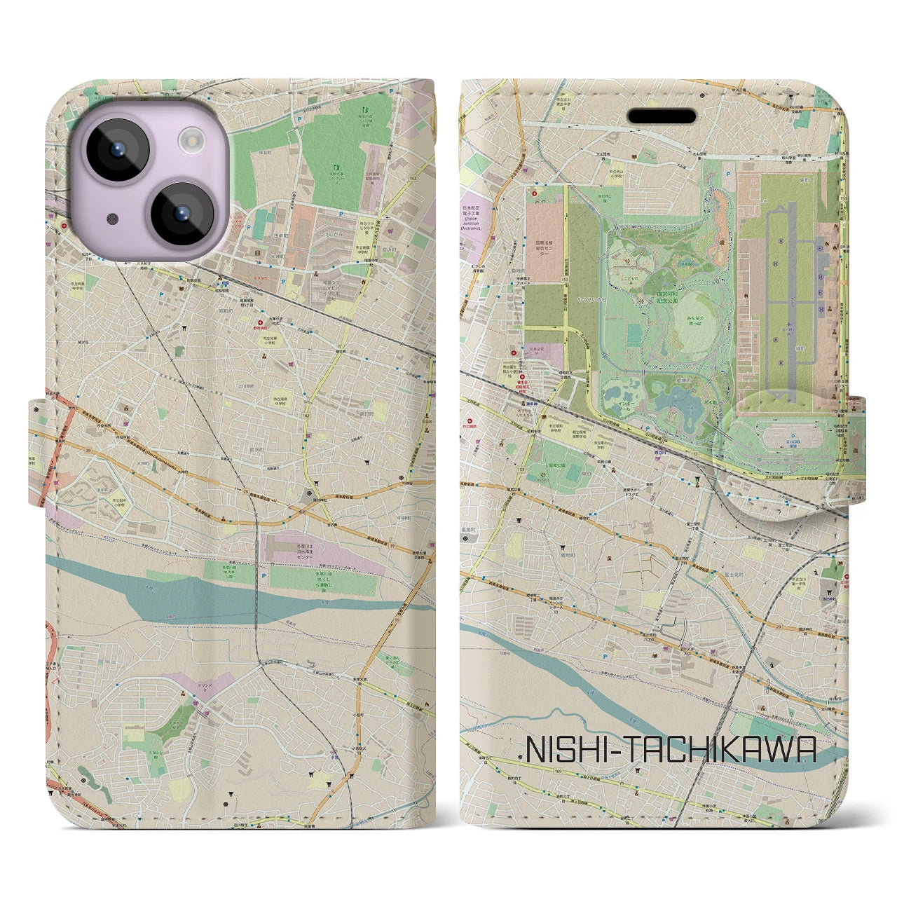 【西立川(東京都)】地図柄iPhoneケース(手帳タイプ)ナチュラル・iPhone 14 用
