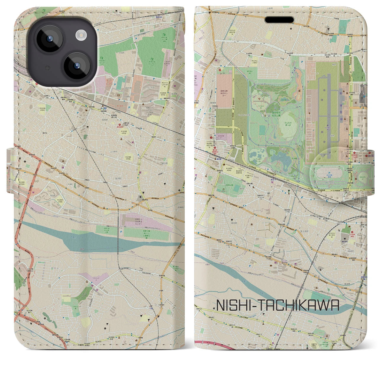【西立川(東京都)】地図柄iPhoneケース(手帳タイプ)ナチュラル・iPhone 14 Plus 用