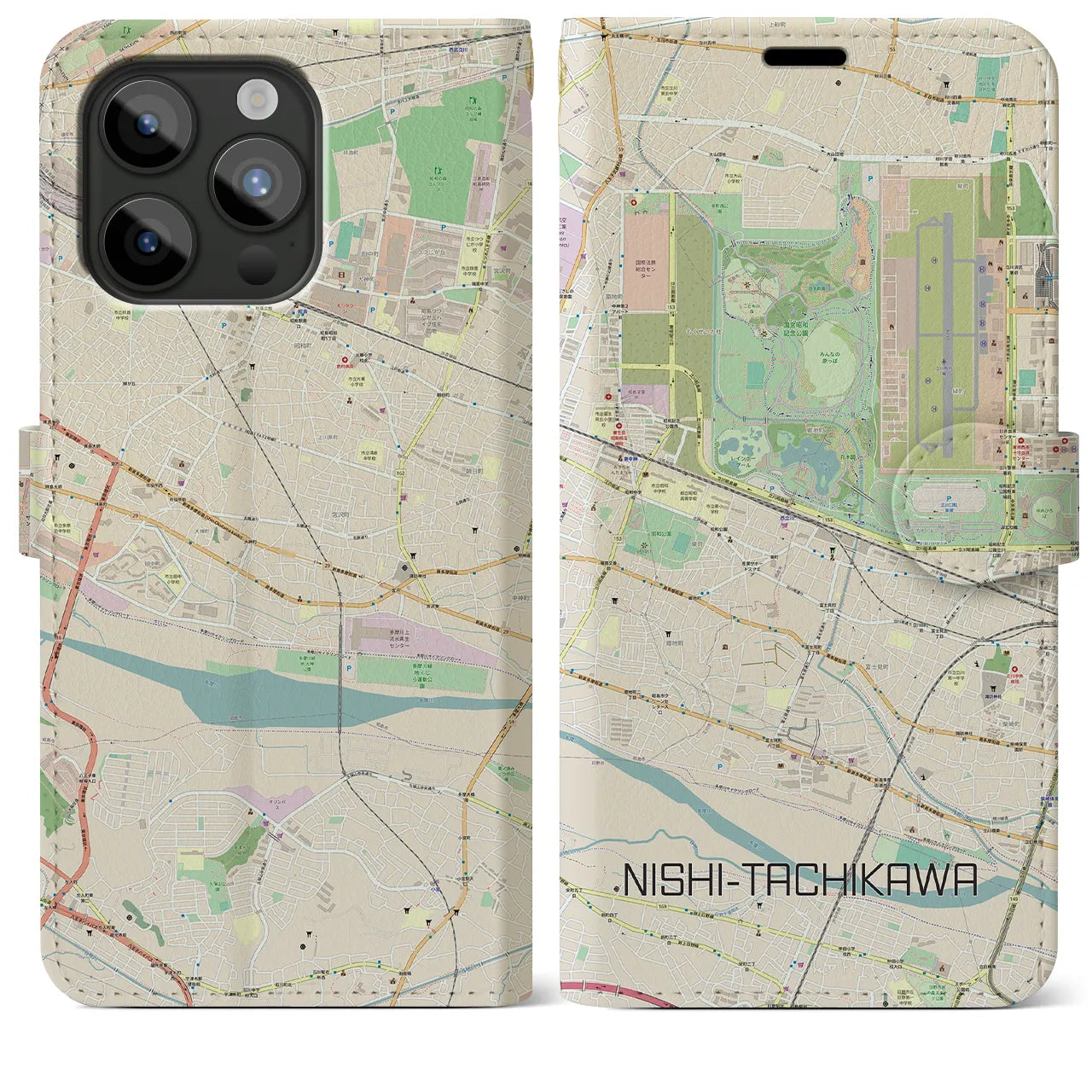 【西立川(東京都)】地図柄iPhoneケース(手帳タイプ)ナチュラル・iPhone 15 Pro Max 用