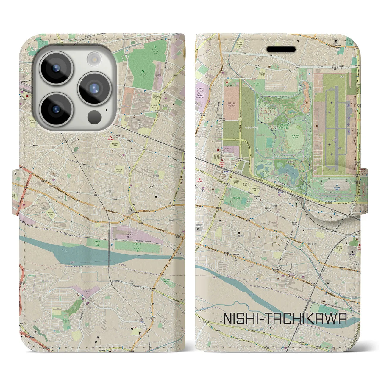 【西立川(東京都)】地図柄iPhoneケース(手帳タイプ)ナチュラル・iPhone 15 Pro 用