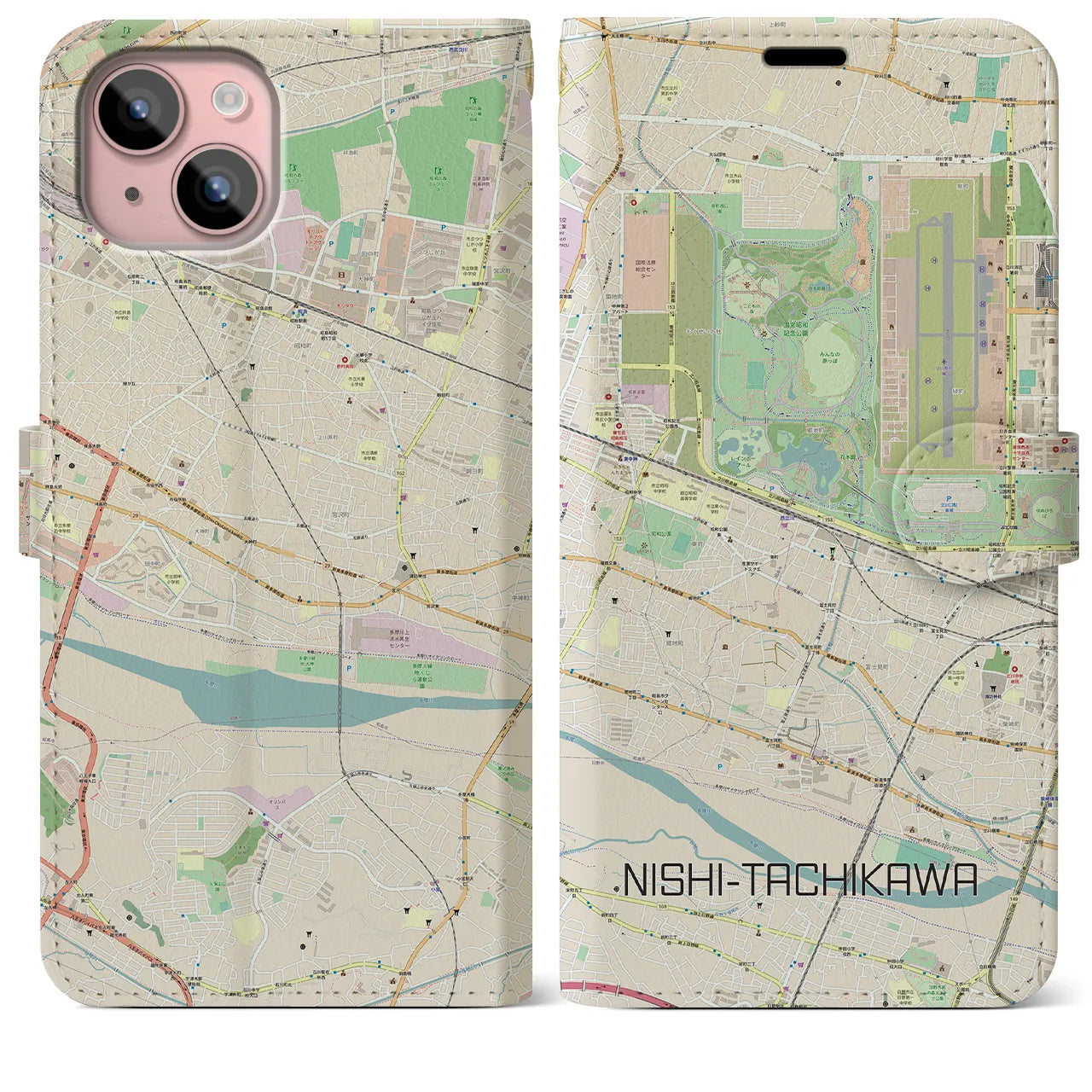 【西立川(東京都)】地図柄iPhoneケース(手帳タイプ)ナチュラル・iPhone 15 Plus 用